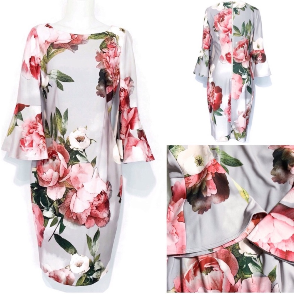NWT Calvin Klein Silver Floral Bell Sleeve Dress 8
